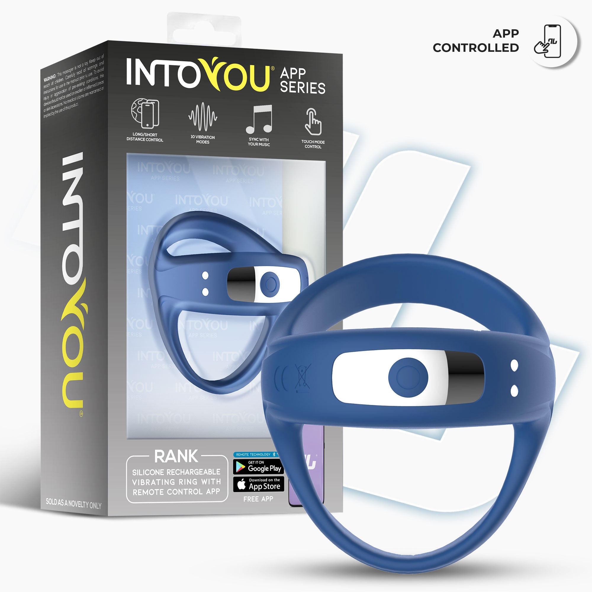 INTOYOU Rank Anello Vibrante con App Blu 10 Modi
